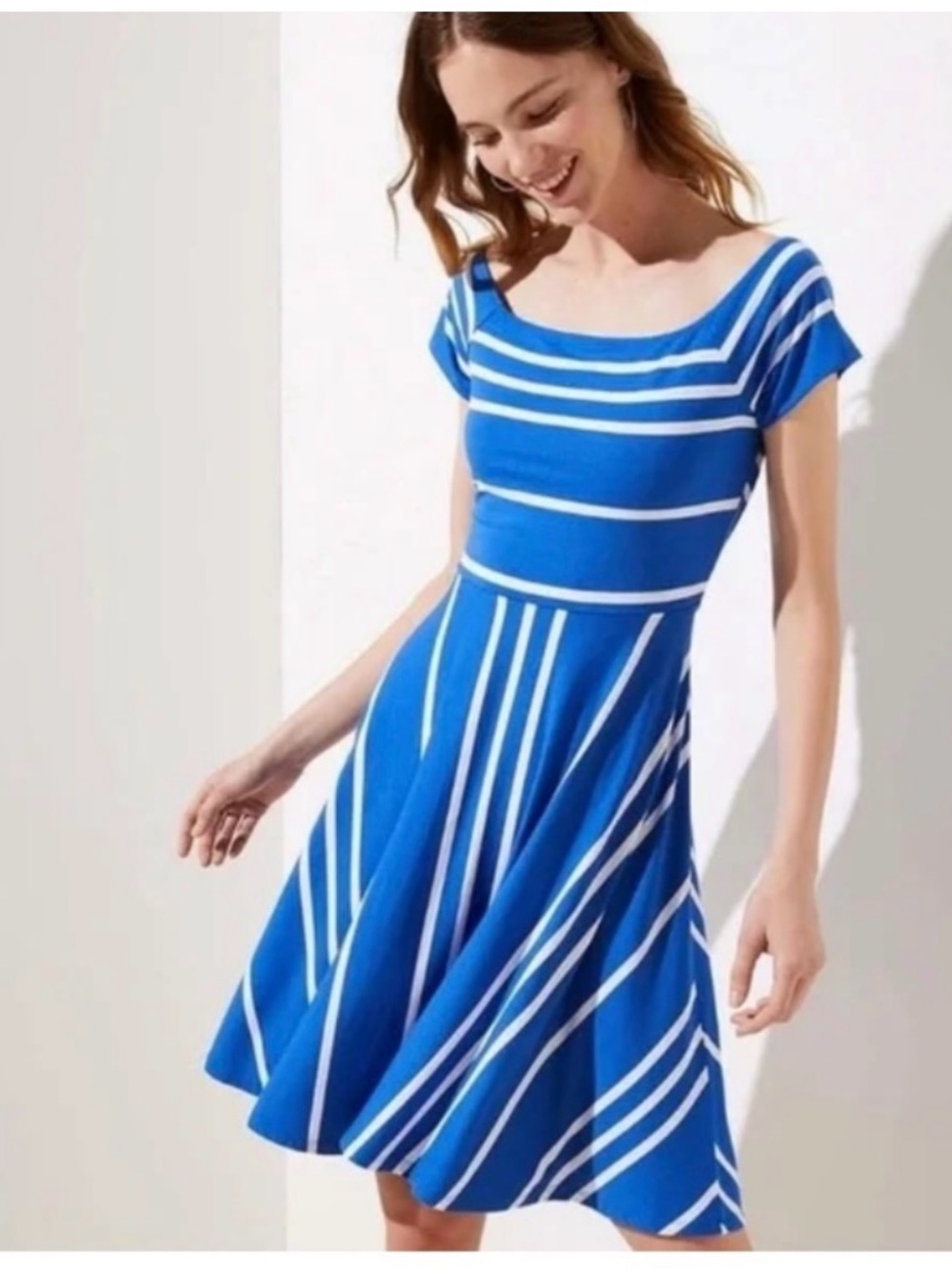LOFT Blue and White Striped Scoop-Neck Fit & Flare Cross back Dress XXS